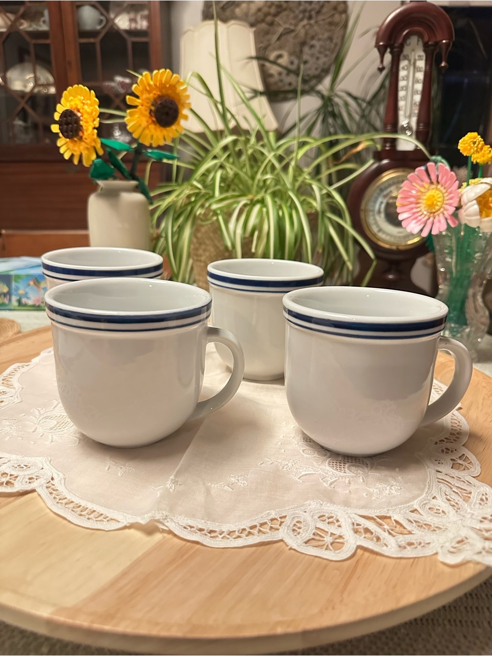 Vintage Pottery Barn Club Blue Coffee Mugs Set of 4 Double Stripe